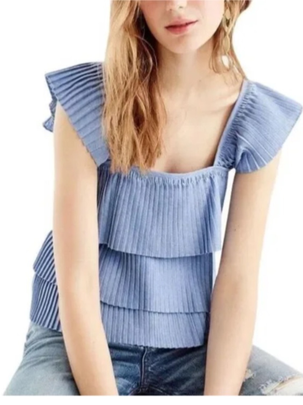 J. Crew French Blue Pleated Tiered Ruffle Tank Top Cami L